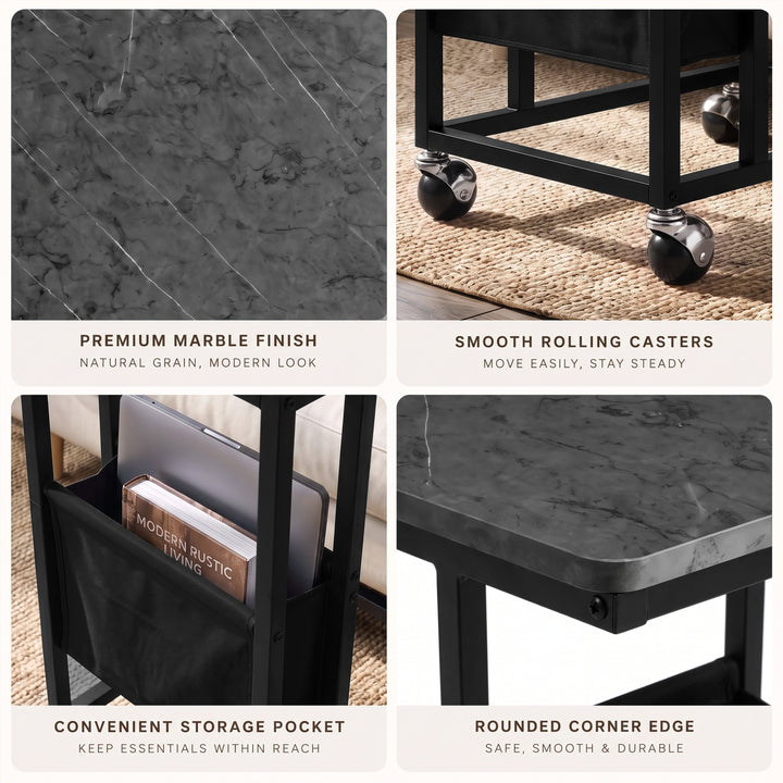 [Grey Marble] feature graphic: tabletop texture, smooth rolling casters, storage pocket and rounded corner edge