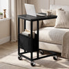[Grey Marble] C-shaped side table by sofa with grey marble-effect top, black frame, pouch, laptop and caster wheels