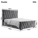 Detailed dimensions of the dark grey velvet ottoman double bed, highlighting height 140 cm, width 150 cm and length 208 cm
