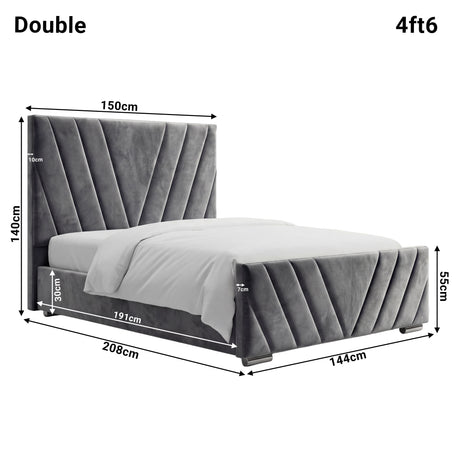 Detailed dimensions of the dark grey velvet ottoman double bed, highlighting height 140 cm, width 150 cm and length 208 cm