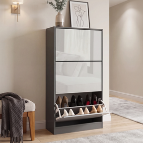 [Dark Grey & Silver Grey] High Gloss 3 Door Shoe Cabinet with bottom flip door open displaying heels on the tiered rack.