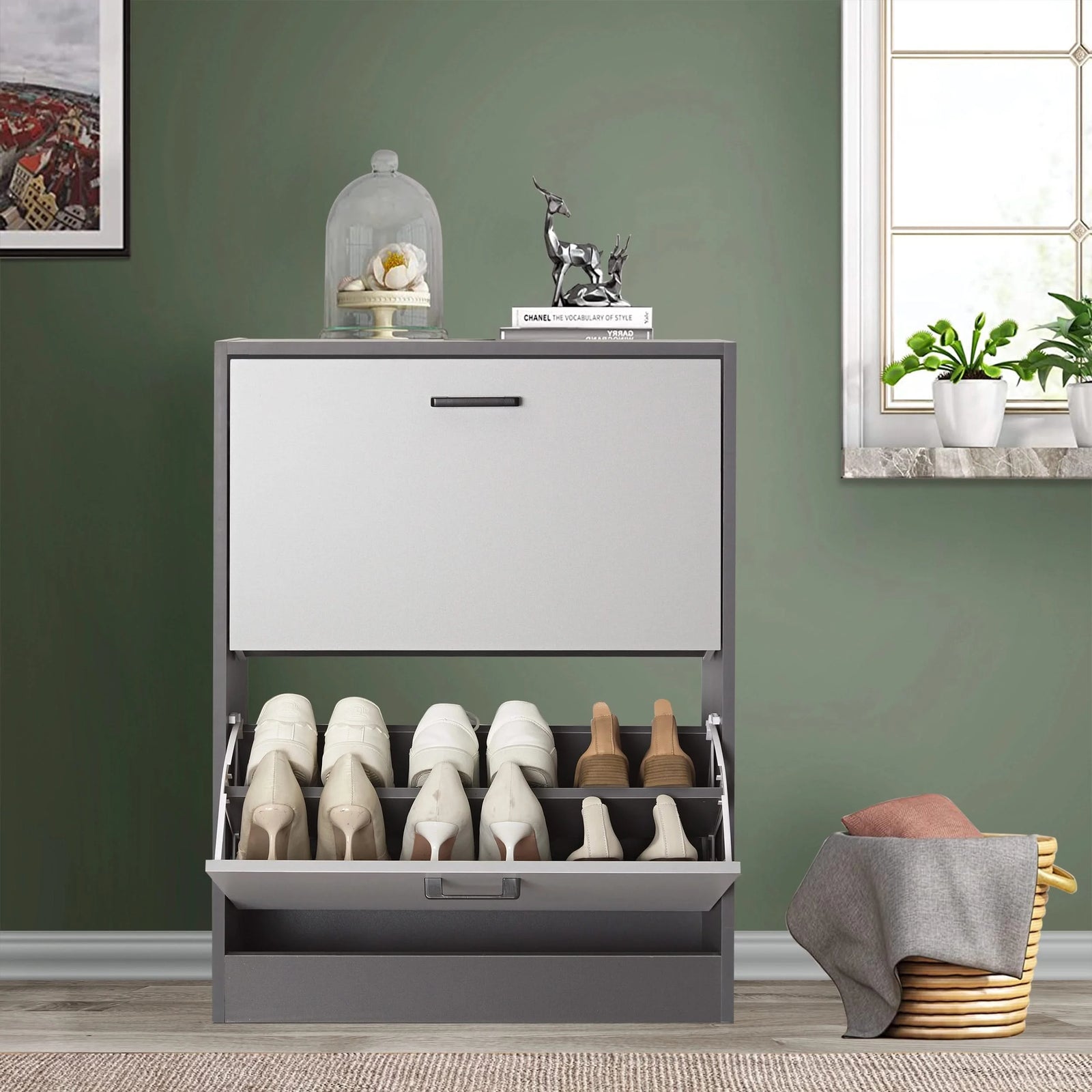 [Dark Grey & Sliver Grey] 12 pair shoe storage cabinet with two tone grey, with bottom pull-down drawer open, storing wellies and everyday shoes.