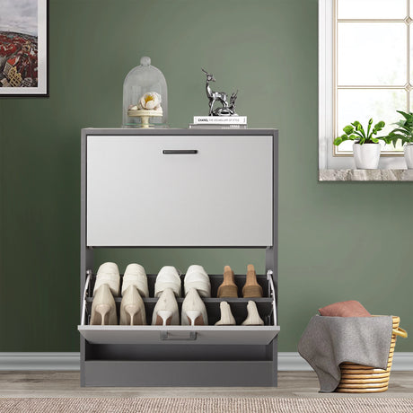12 pair shoe storage cabinet with two tone grey, with bottom pull-down drawer open, storing wellies and everyday shoes.