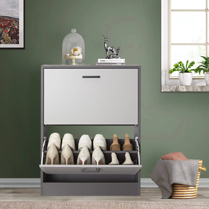 [Dark Grey & Sliver Grey] 12 pair shoe storage cabinet with two tone grey, with bottom pull-down drawer open, storing wellies and everyday shoes.