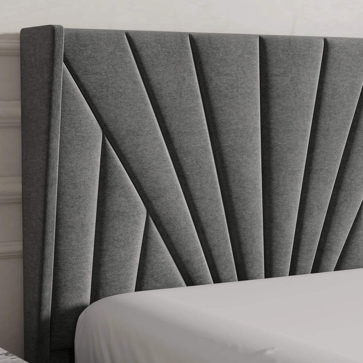 Sunrise Ottoman Bed Frame in grey velvet with a fan-style panelled headboard. Elegant design ideal for modern bedrooms with hidden storage functionality.