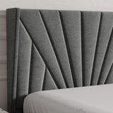 Sunrise Ottoman Bed Frame in grey velvet with a fan-style panelled headboard. Elegant design ideal for modern bedrooms with hidden storage functionality.