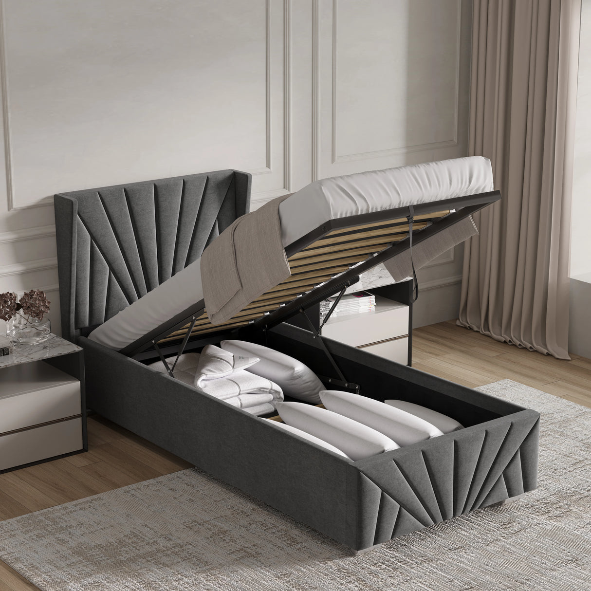 Velvet Ottoman Storage Bed | Sunrise Ottoman Bed Frame in dark grey with gas-lift mechanism open, showing under-bed storage with bedding inside.