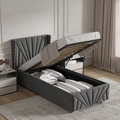 Velvet Ottoman Storage Bed | Sunrise Ottoman Bed Frame in dark grey with gas-lift mechanism open, showing under-bed storage with bedding inside.