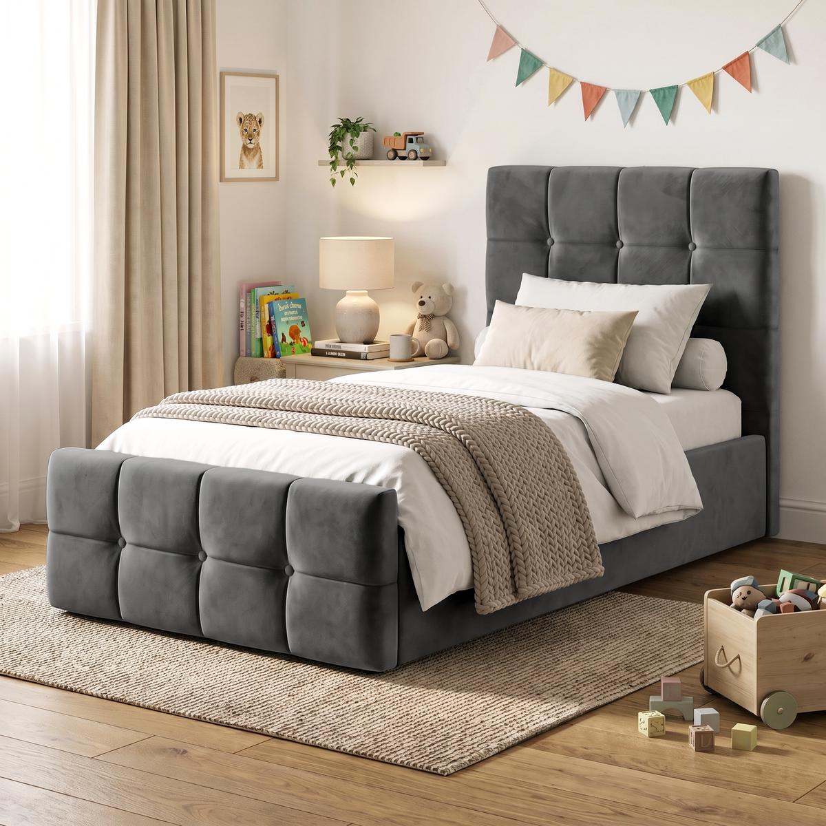 [Single | Dark Grey] Single Ottoman Storage Bed Dark Grey Velvet Square Tufted styled in a cozy child's bedroom setting.
