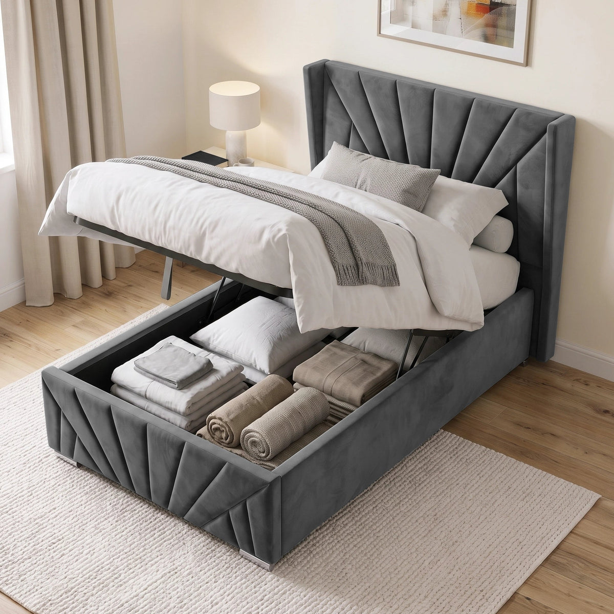 [Single | Dark Grey] upholstered bed frame with a tall channel-tufted sunrise headboard and matching footboard, shown in a styled bedroom