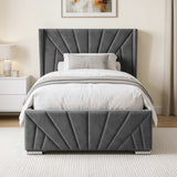 [Single | Dark Grey] upholstered bed frame with a tall channel-tufted headboard and matching footboard, shown in a styled bedroom