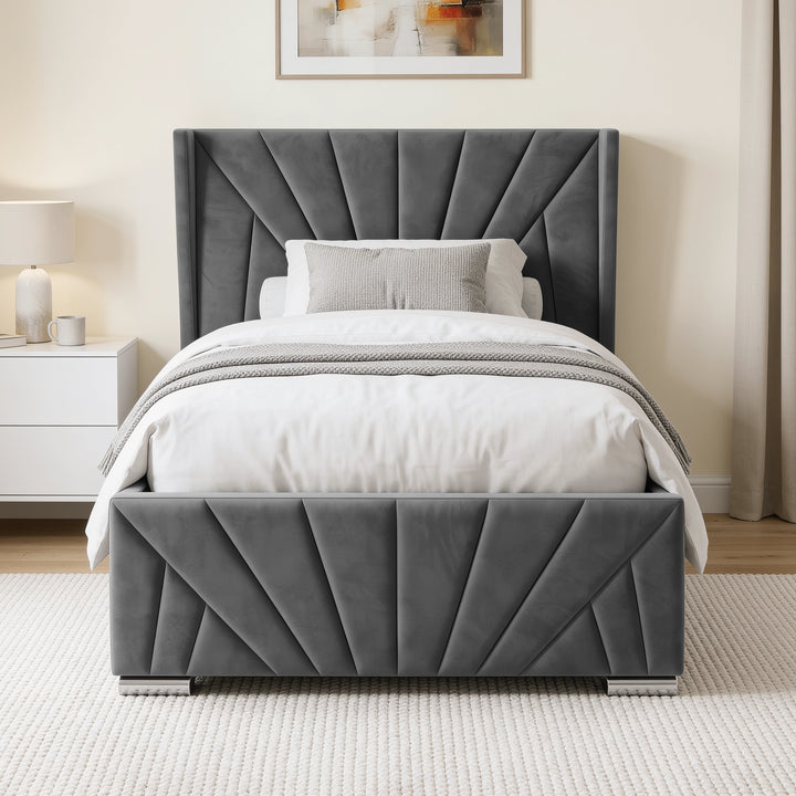 [Single | Dark Grey] upholstered bed frame with a tall channel-tufted headboard and matching footboard, shown in a styled bedroom