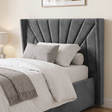 [Single | Dark Grey] upholstered bed frame with a tall channel-tufted sunrise detail velvet headboard shown in a styled bedroom