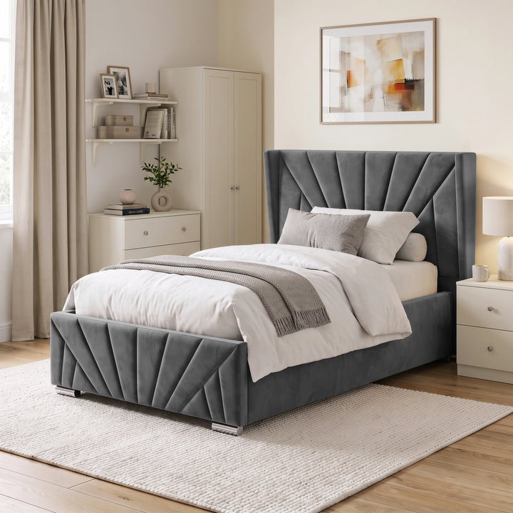 [Single | Dark Grey] upholstered bed frame with a tall channel-tufted sunrise headboard and matching footboard, shown in a styled bedroom