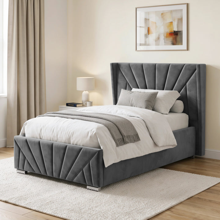 [Single | Dark Grey] upholstered bed frame with a tall channel-tufted headboard and matching footboard, shown in a styled bedroom