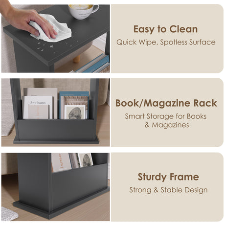 Dark gray book magazine rack with text highlighting features like easy cleaning, smart storage, and sturdy frame.
