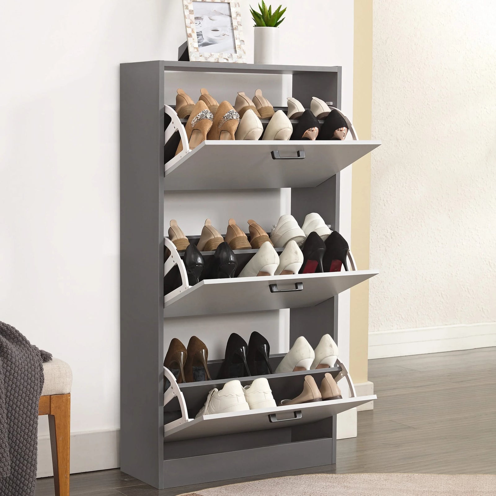 [Dark Grey & Silver Grey] Side view of grey and white 3 drawer slim shoe cabinet fully open, storing various shoes. Space-saving tall shoe storage solution.