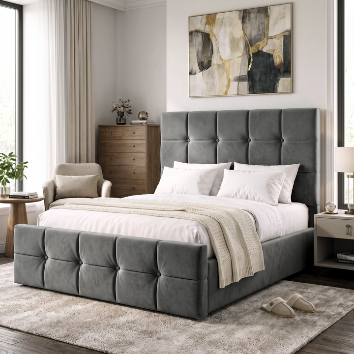 [Small Double | Dark Grey] Small Double Ottoman Storage Bed Dark Grey Velvet Square Tufted styled in a modern bedroom environment.
