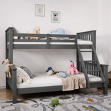 [Dark Grey | Single+Double] Front view of triple bunk bed with side ladder, guard rails, bedding, and soft toys
