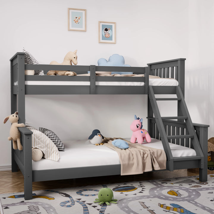 [Dark Grey | Single+Double] Front view of triple bunk bed with side ladder, guard rails, bedding, and soft toys