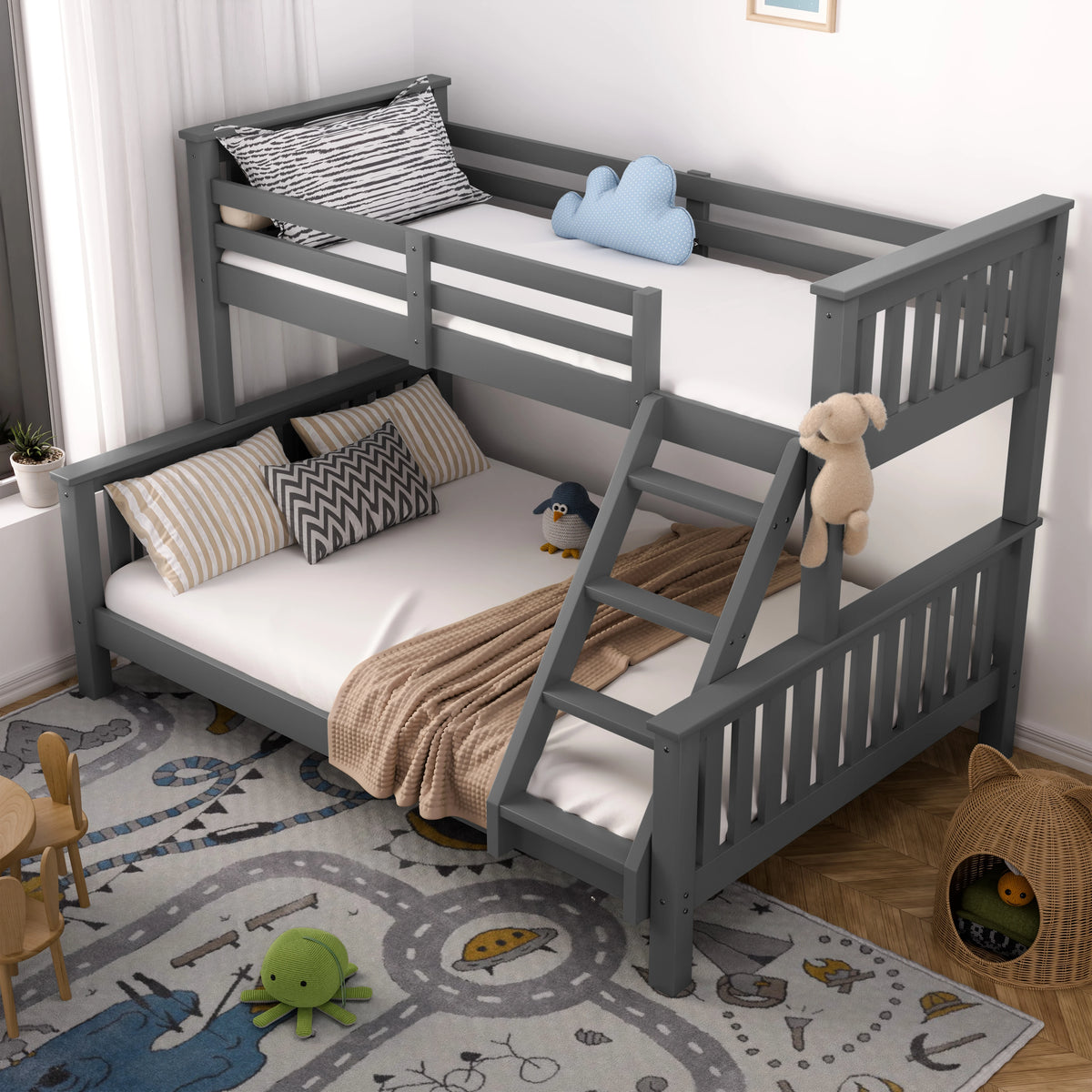 [Dark Grey | Single+Double] High angle view of bunk bed showing ladder position, slatted rails, and nursery rug