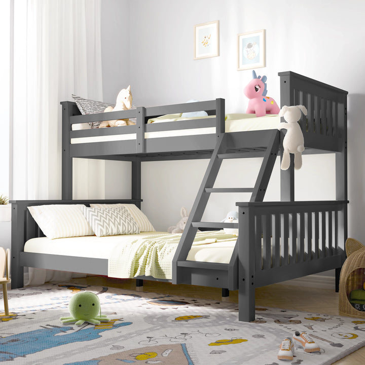 [Dark Grey | Single+Double] Side angle of single over double bunk bed with ladder, guard rails, and window-lit room