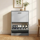 [Dark Grey & Sliver Grey] 2 Door Slim Shoe Cabinet For Hallway straight-on view with the bottom drawer tilted open.