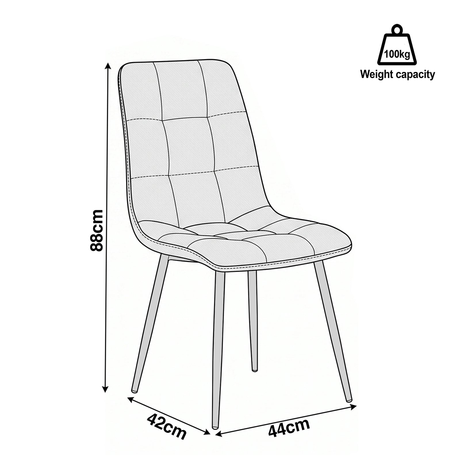 [Dark Grey | Set of 4] Dining chair dimension diagram showing 44 cm width, 42 cm depth, 88 cm height and 100 kg capacity.