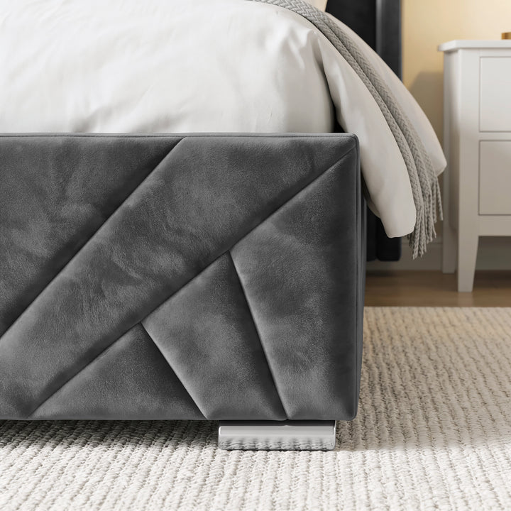 [Double | Dark Grey] close-up of a modern bed frame upholstered in dark grey geometric tufted velvet, styled with white bedding in a bedroom setting.