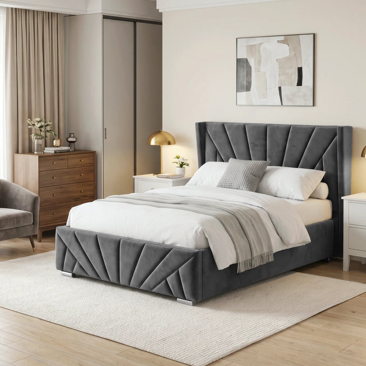 [Double | Dark Grey] upholstered bed frame with a tufted headboard and matching footboard, shown in a styled bedroom setting with white bedding