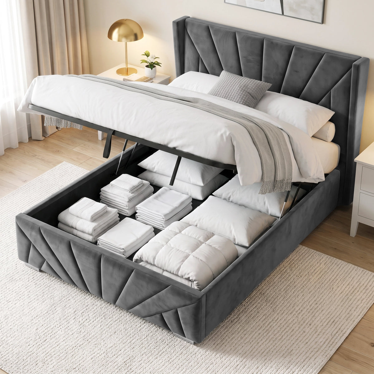 [Double | Dark Grey] upholstered bed frame with a tufted headboard and matching footboard, shown in a styled bedroom setting with white bedding and opened storage