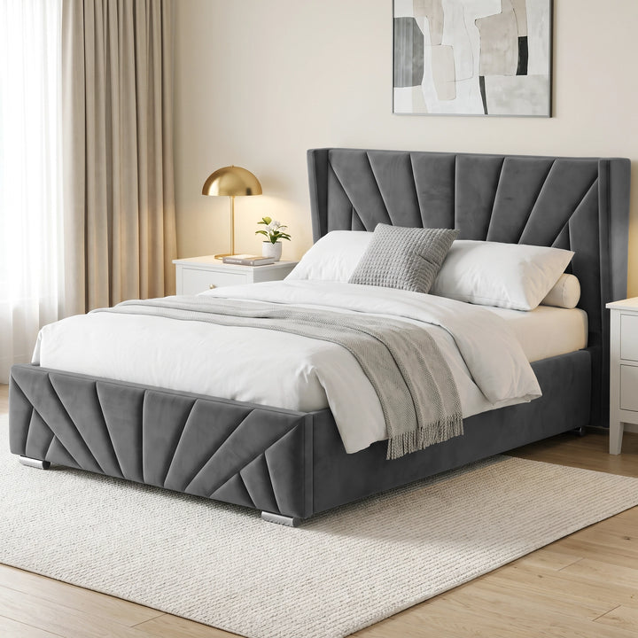 [Double | Dark Grey] upholstered bed frame with a tufted headboard and matching footboard, shown in a styled bedroom setting with white bedding