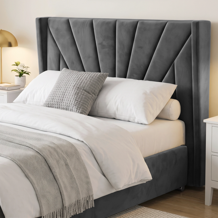 [Double | Dark Grey] upholstered bed frame with a tufted sunrise design headboard and matching footboard, shown in a styled bedroom setting with white bedding