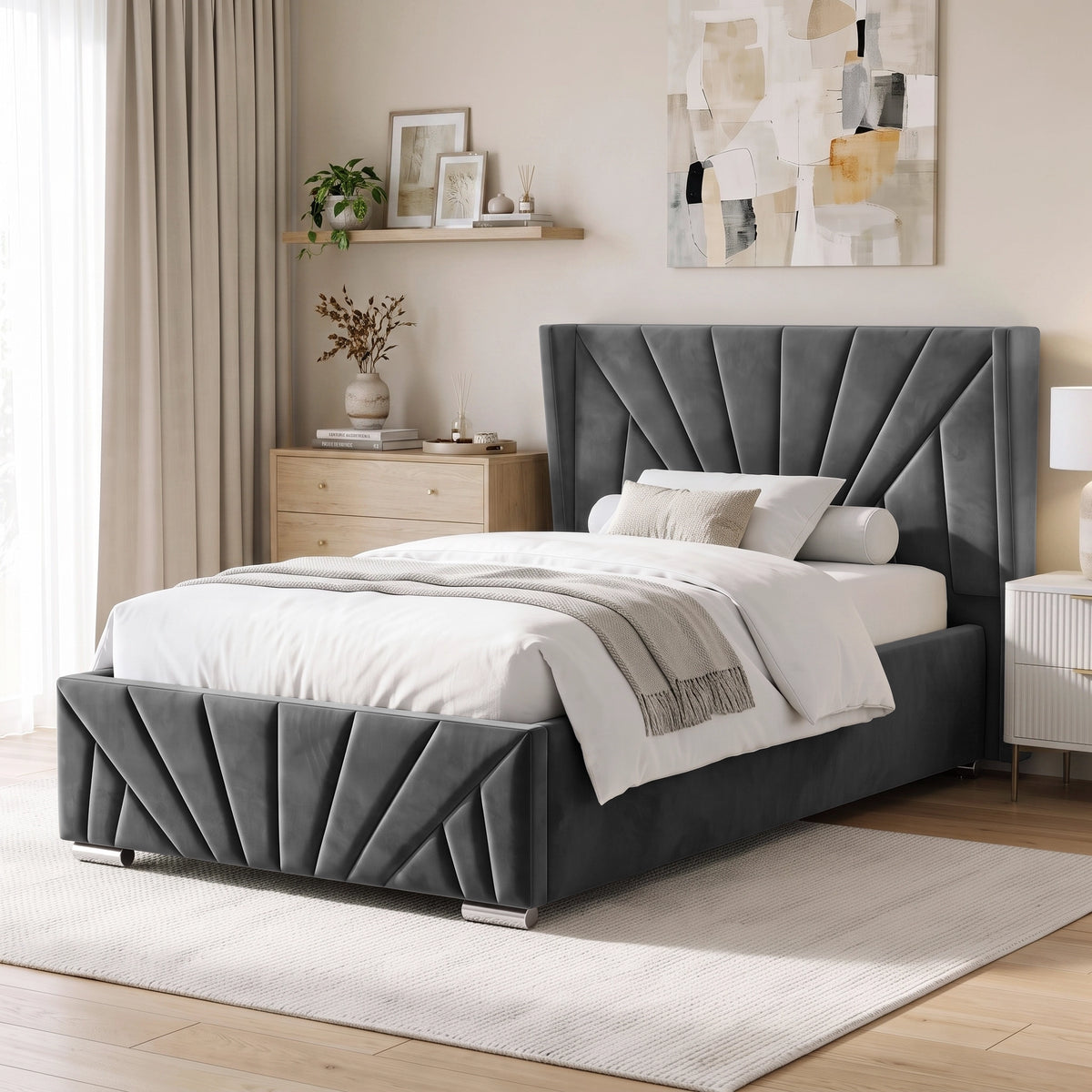 [Small Double | Dark Grey] A modern grey upholstered bed with a tall, sunrise headboard and matching footboard, styled in a bright bedroom with white bedding, a nightstand, and a rug.