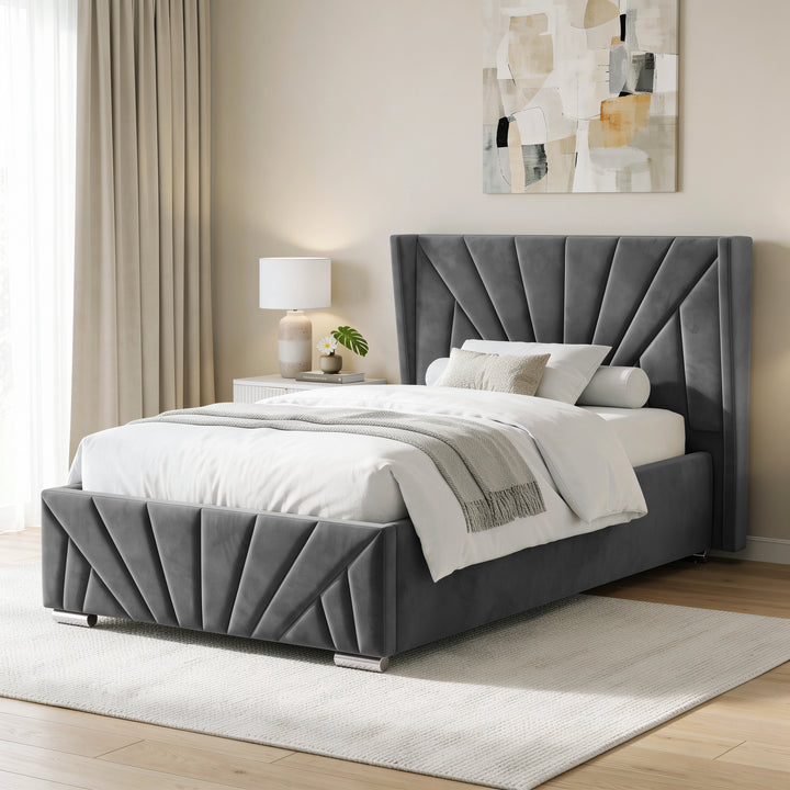 [Small Double | Dark Grey] A modern grey upholstered bed with a tall, sunrise headboard and matching footboard, styled in a bright bedroom with white bedding, a nightstand, and a rug.