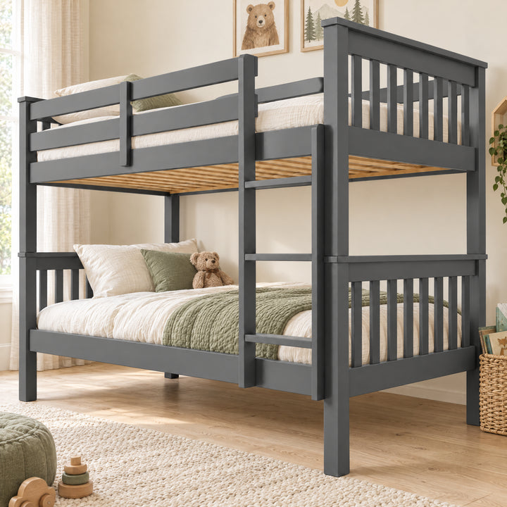 [Dark  Grey] Bedroom view showing the bunk bed with bedding, pillows, a teddy bear, ladder, upper rails, and framed art.