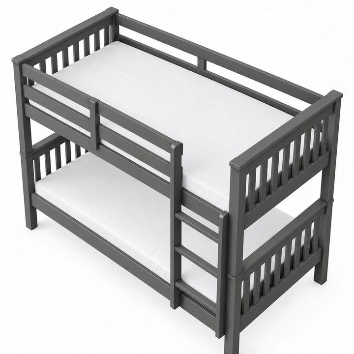 [Dark  Grey] High angle view from above showing both bunk mattresses, upper guard rails, the ladder and slatted end panels