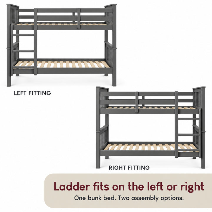 [Dark  Grey] Assembly guide showing the bunk bed with left and right ladder positions, upper guard rails, and exposed slats.
