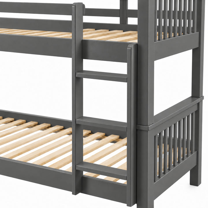 [Dark  Grey] Ladder close-up showing rungs, square side posts, slatted end panels, upper rail joints, and lower wooden slats.