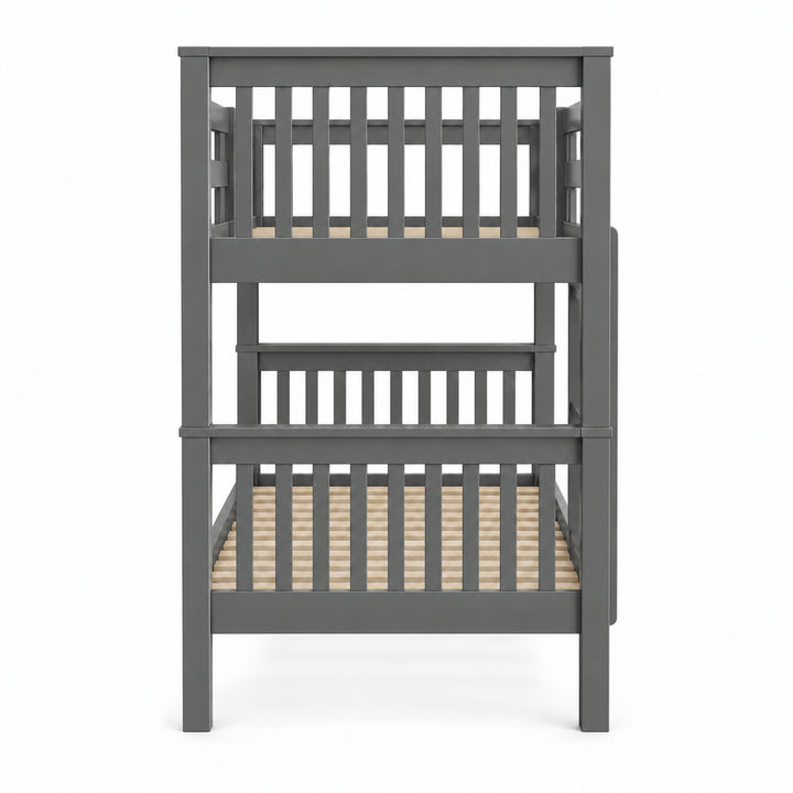 [Dark  Grey] Straight end view showing vertical end slats, square posts, both bunk levels, and the exposed lower base.
