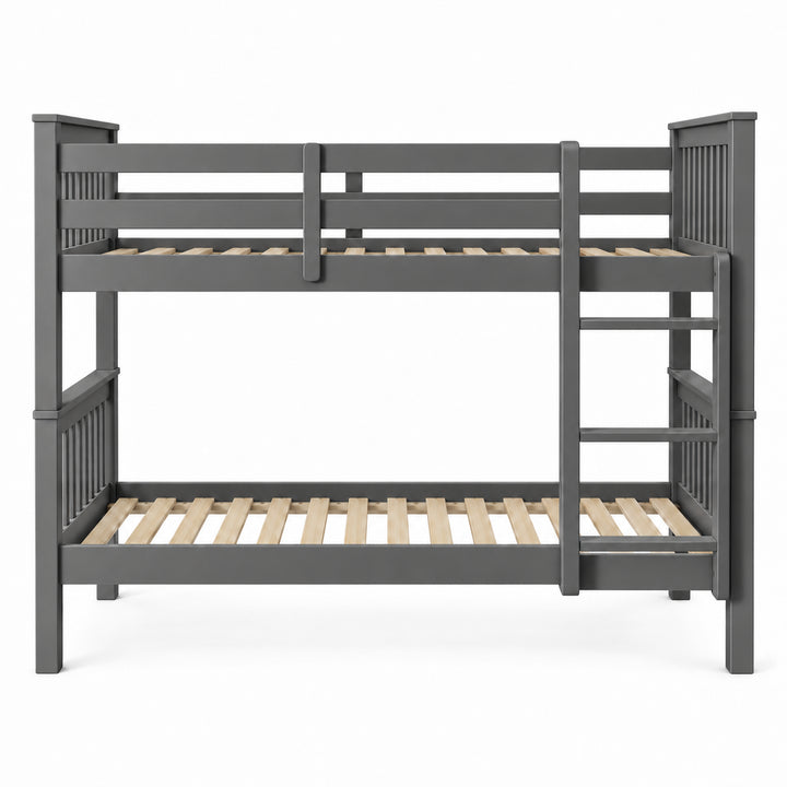 [Dark  Grey] Front view of the bunk bed showing ladder rungs, upper guard rails, slatted ends, and both slatted bases.