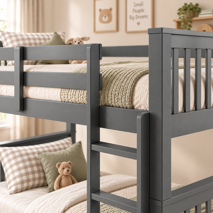 [Dark Grey] Close-up of ladder, guard rails, slatted end panels and mattress on the top bunk