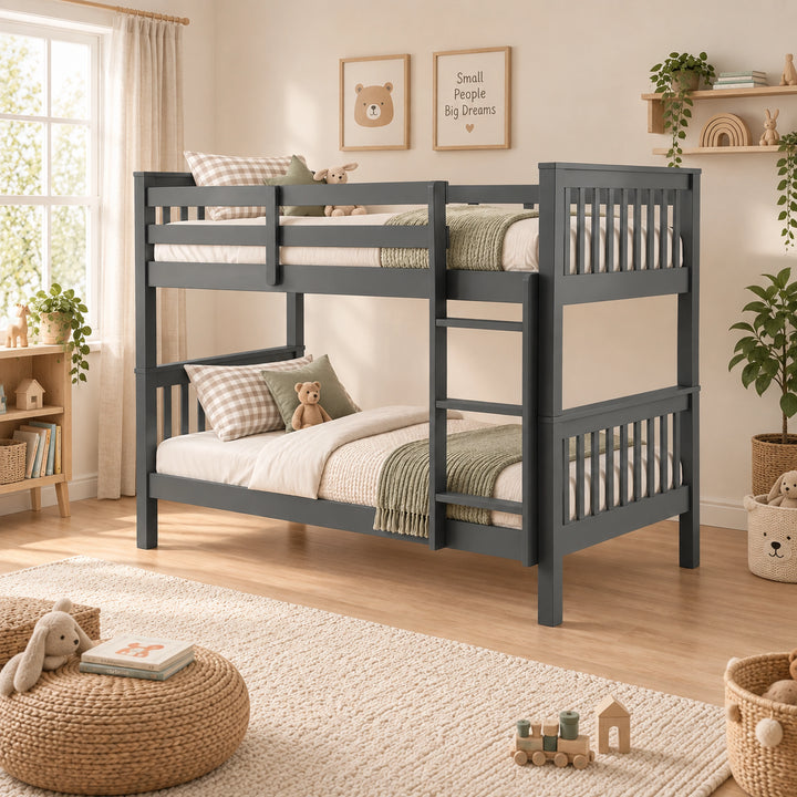 [Dark Grey] Wide room view of bunk bed with right-side ladder, upper rails and lower bunk