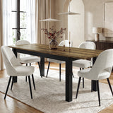 [160cm | Dark Wood] Extended table in bright dining room with six cream chairs, vase, candles, rug, and pendant lights