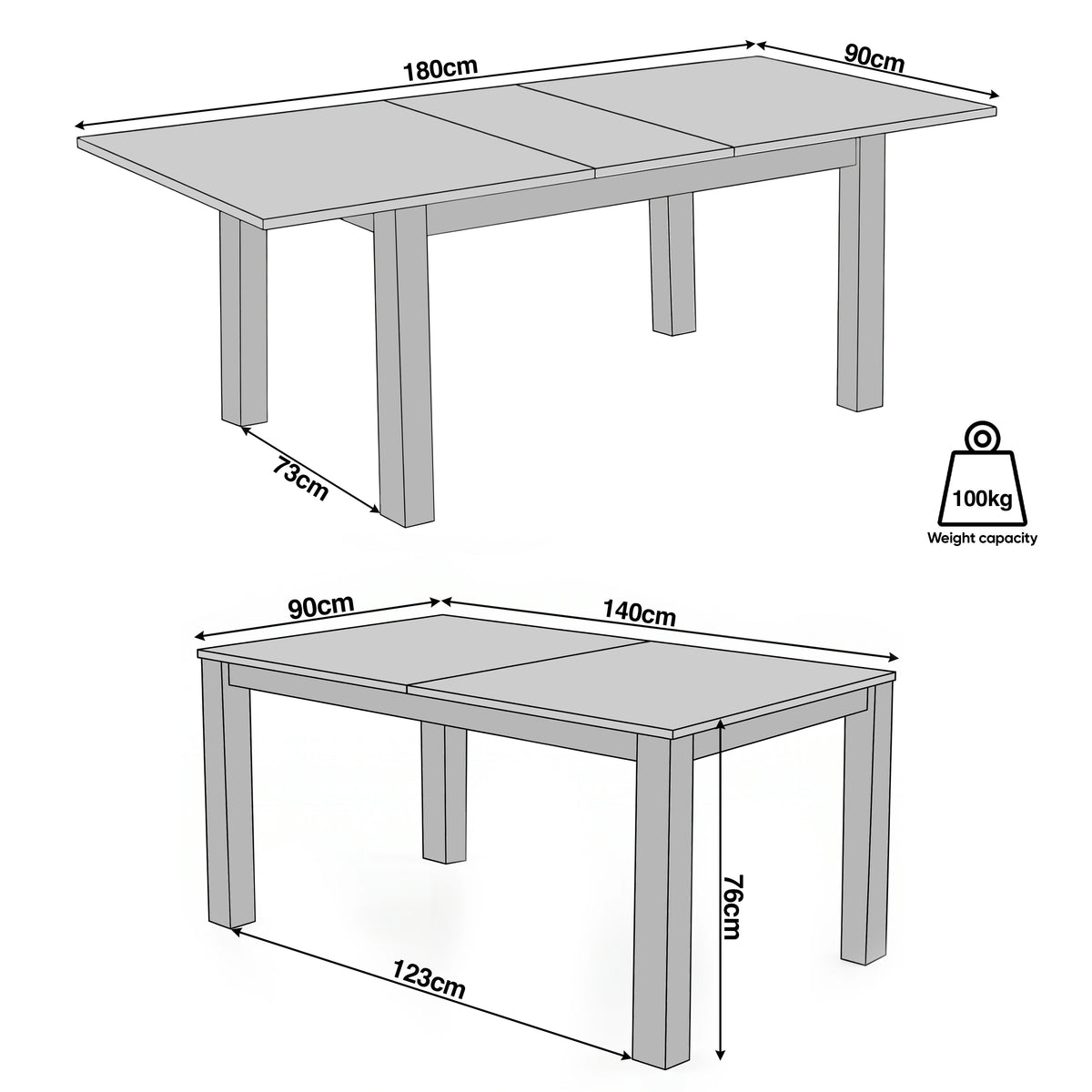 [140cm | Dark Wood] Size guide shows a 140-180 x 90 x 76cm extendable dining table, 73cm clearance, 123cm leg gap, 100kg capacity.