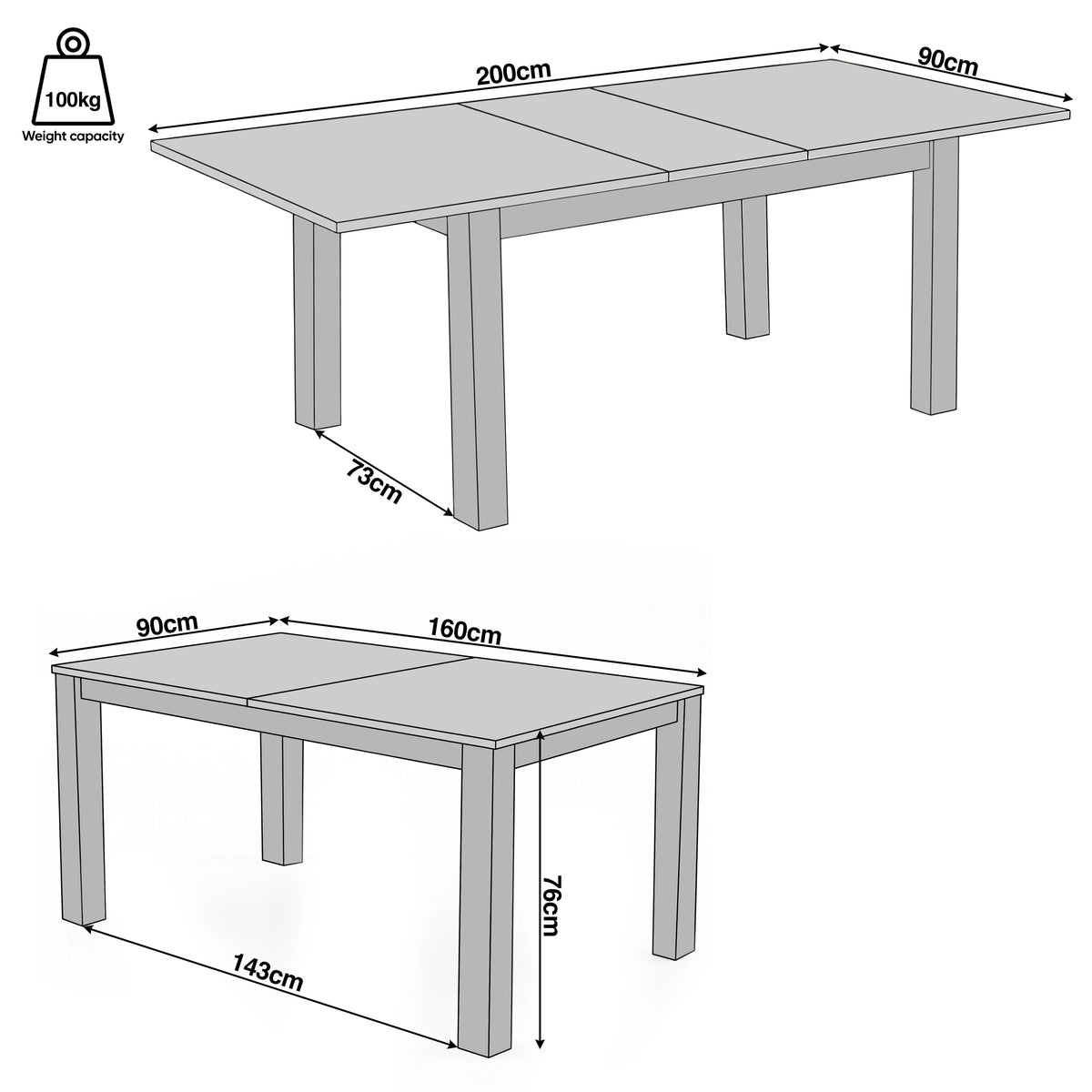 [160cm | Dark Wood] Hartley dining table size guide showing 160-200 x 90 x 76cm, 73cm clearance, 143cm leg gap, 100kg capacity.