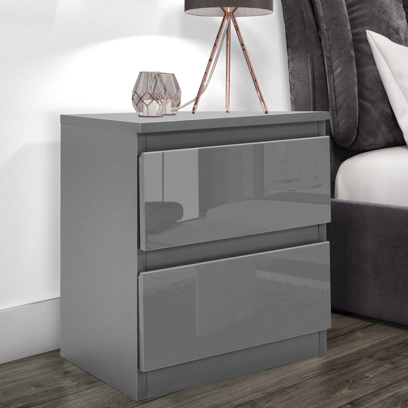 Dark Grey Chest of Drawers - High Gloss Drawers with 2 handleless drawers, ideal as a modern bedside table for compact bedroom storage.