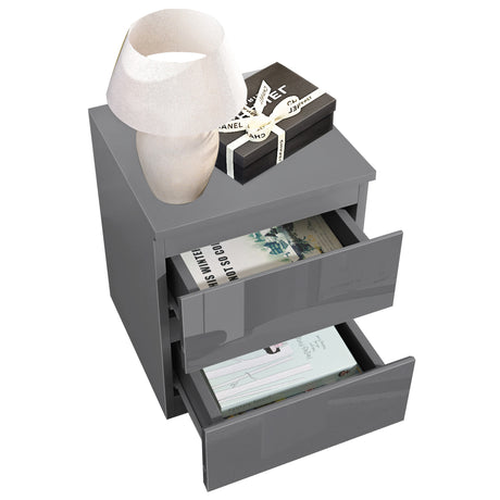 Top view of Dark Grey Chest of Drawers - High Gloss Drawers styled with books and a lamp, showcasing its compact and functional design.