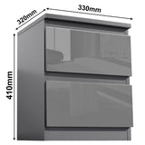Dimensions of Dark Grey Chest of Drawers - High Gloss Drawers 2-drawer unit: 410mm height, 330mm width, 320mm depth.