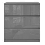Front view of Dark Grey Chest of Drawers - High Gloss Drawers 3-drawer model with a sleek, reflective surface and clean lines.